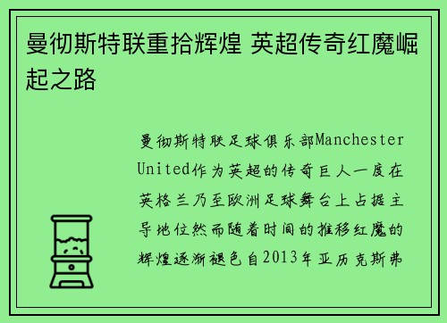 曼彻斯特联重拾辉煌 英超传奇红魔崛起之路